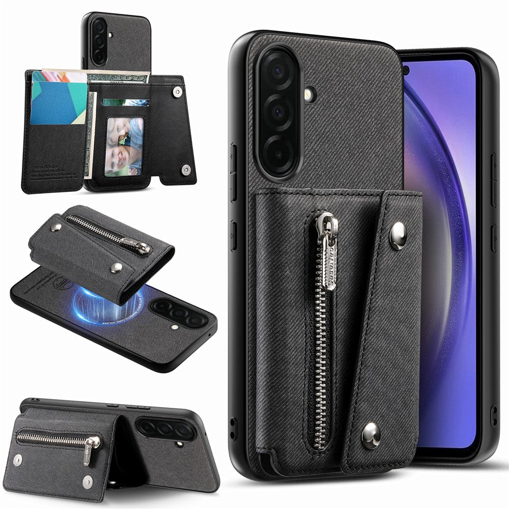 Til Samsung Galaxy A36 5G Magnetisk Etui Twill Stof Tekstur PU Læder Telefon Bagcover med Tre-fløjet Kortholder