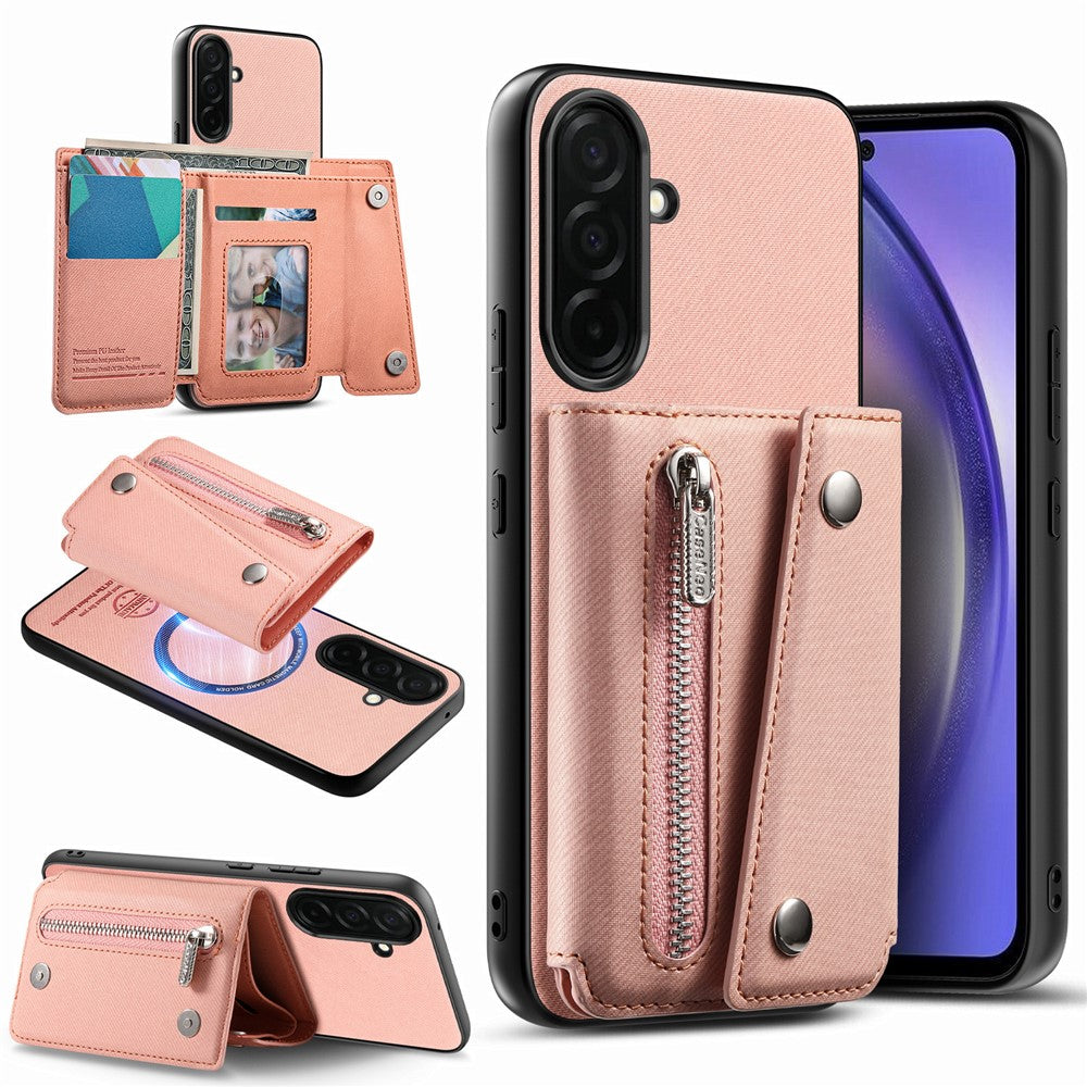 For Samsung Galaxy A57 5G Magnetic Case Twill Cloth Texture PU Leather Phone Back Cover with Tri-fold Card Holder