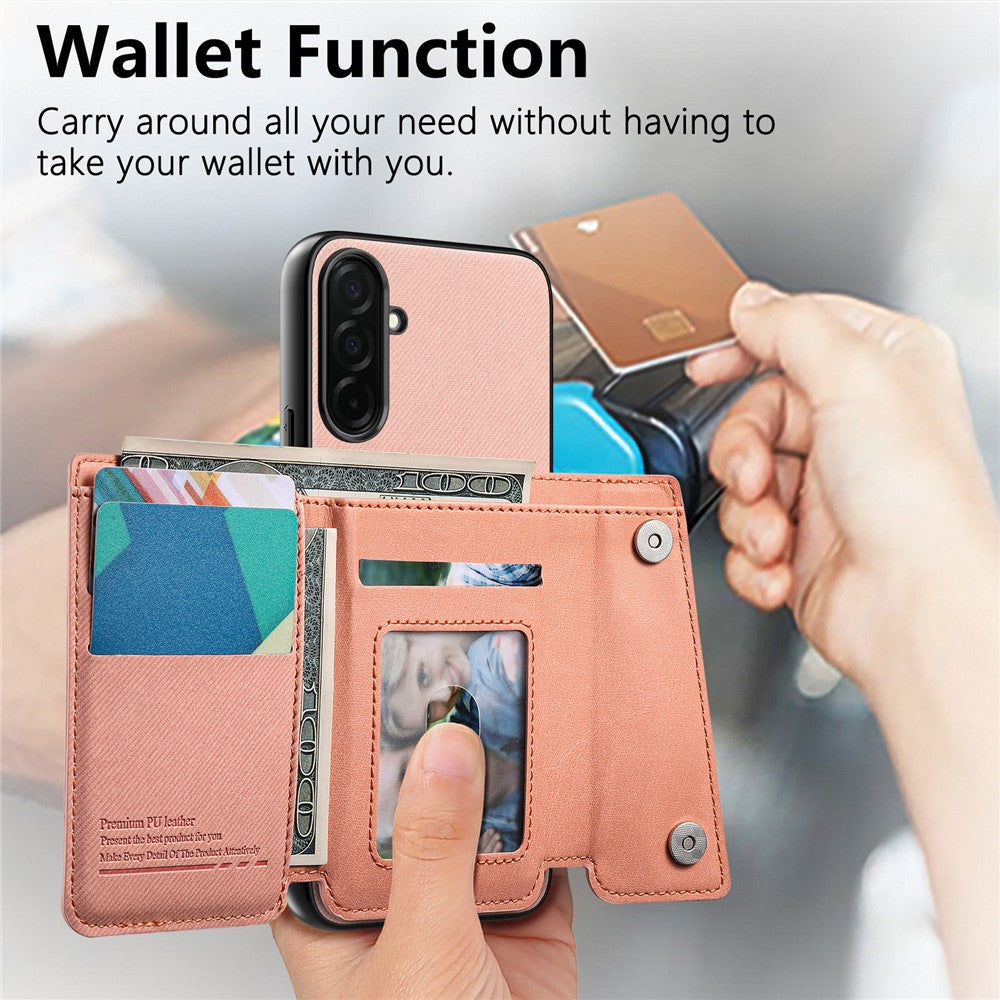 For Samsung Galaxy A57 5G Magnetic Case Twill Cloth Texture PU Leather Phone Back Cover with Tri-fold Card Holder