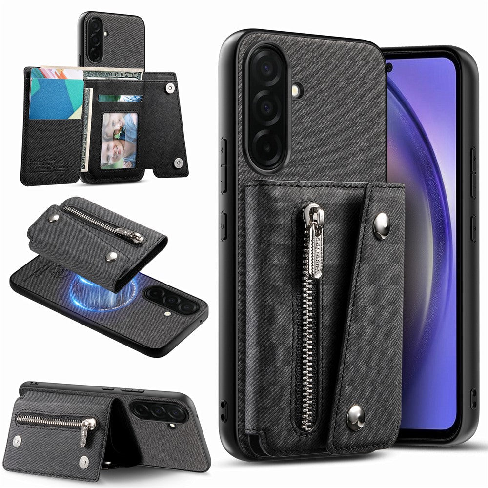 For Samsung Galaxy A57 5G Magnetic Case Twill Cloth Texture PU Leather Phone Back Cover with Tri-fold Card Holder