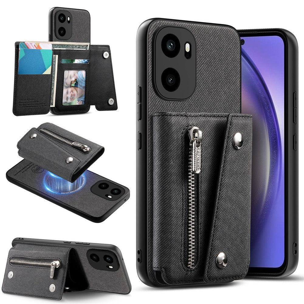 For OnePlus Ace 6 5G / Ace 6T 5G Magnetic Case Twill Cloth Texture PU Leather Phone Back Cover with Tri-fold Card Holder