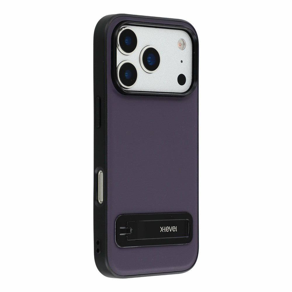X-LEVEL For iPhone 18 Pro / 17 Pro Case Leather Coated PC TPU Phone Back Cover with Metal Kickstand