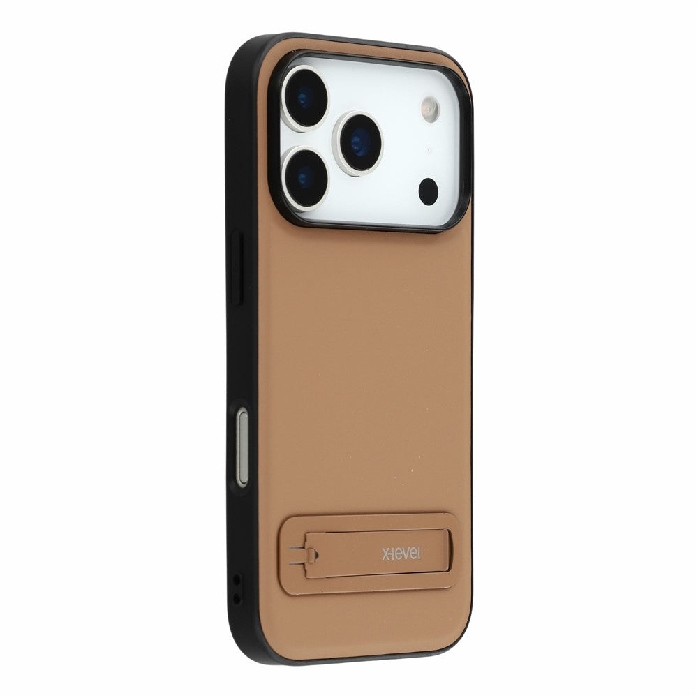 X-LEVEL For iPhone 18 Pro / 17 Pro Case Leather Coated PC TPU Phone Back Cover with Metal Kickstand