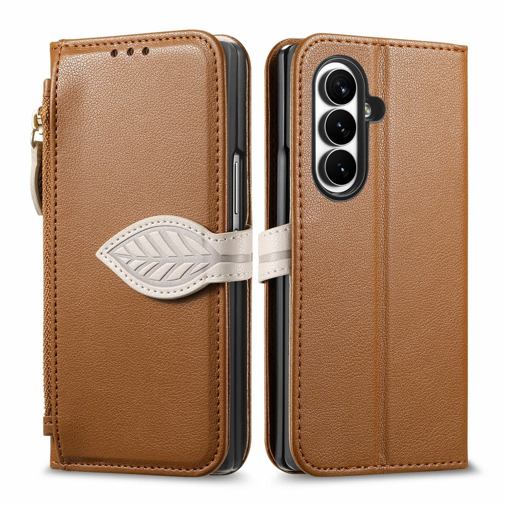 For Samsung Galaxy Z Fold8 Ultra Stand Case Leaf Shape Magnetic Clasp Leather Phone Cover with Hand Strap