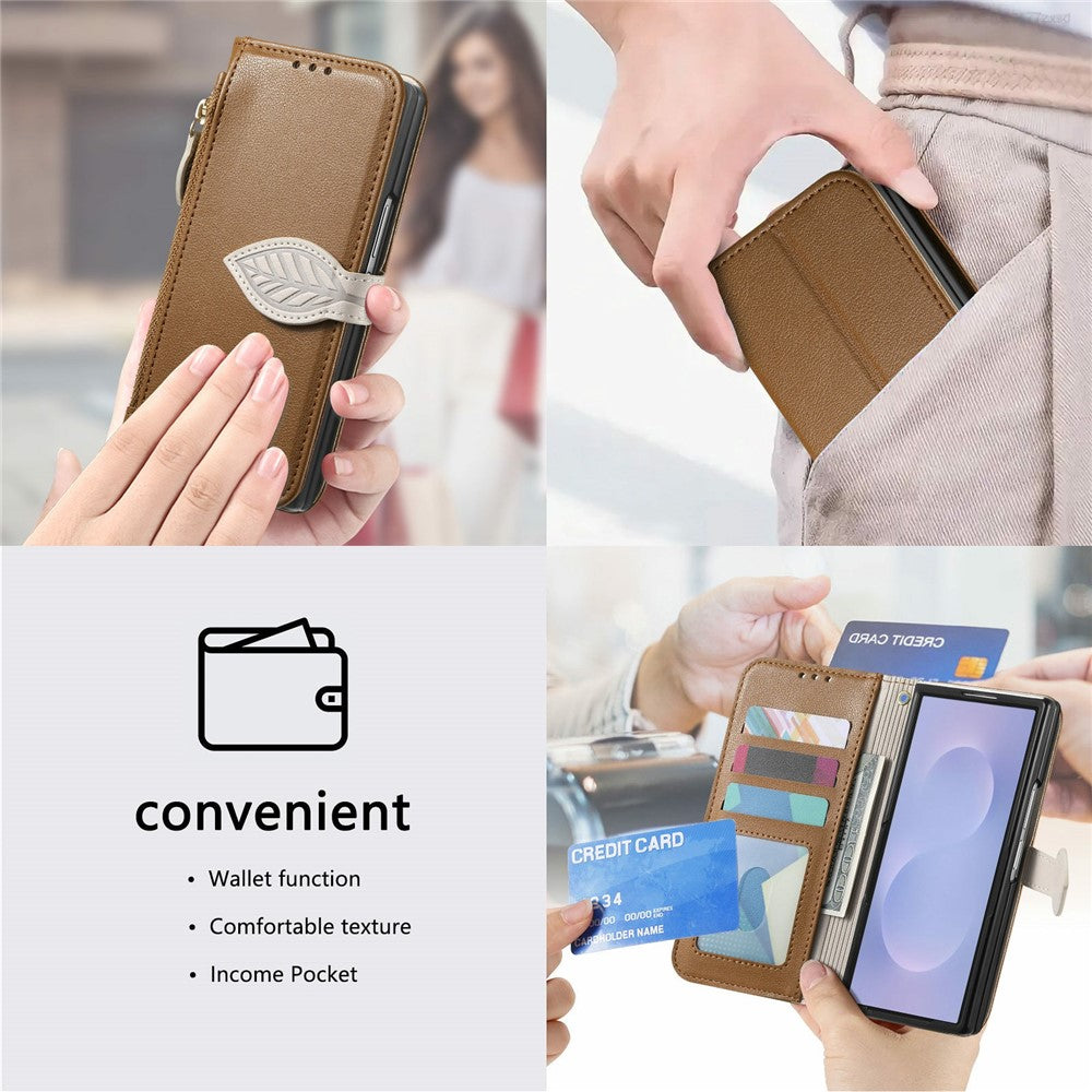For Samsung Galaxy Z Fold8 Ultra Stand Case Leaf Shape Magnetic Clasp Leather Phone Cover with Hand Strap