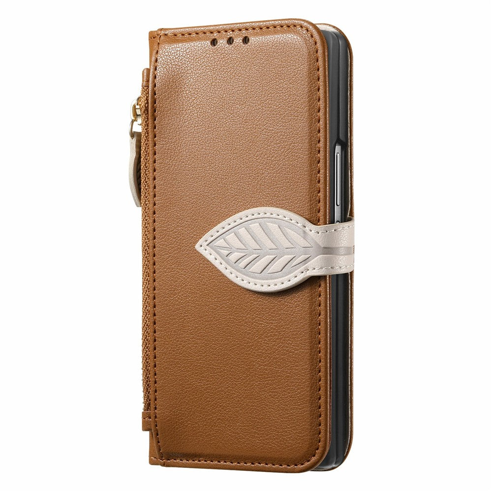 For Samsung Galaxy Z Fold8 Ultra Stand Case Leaf Shape Magnetic Clasp Leather Phone Cover with Hand Strap