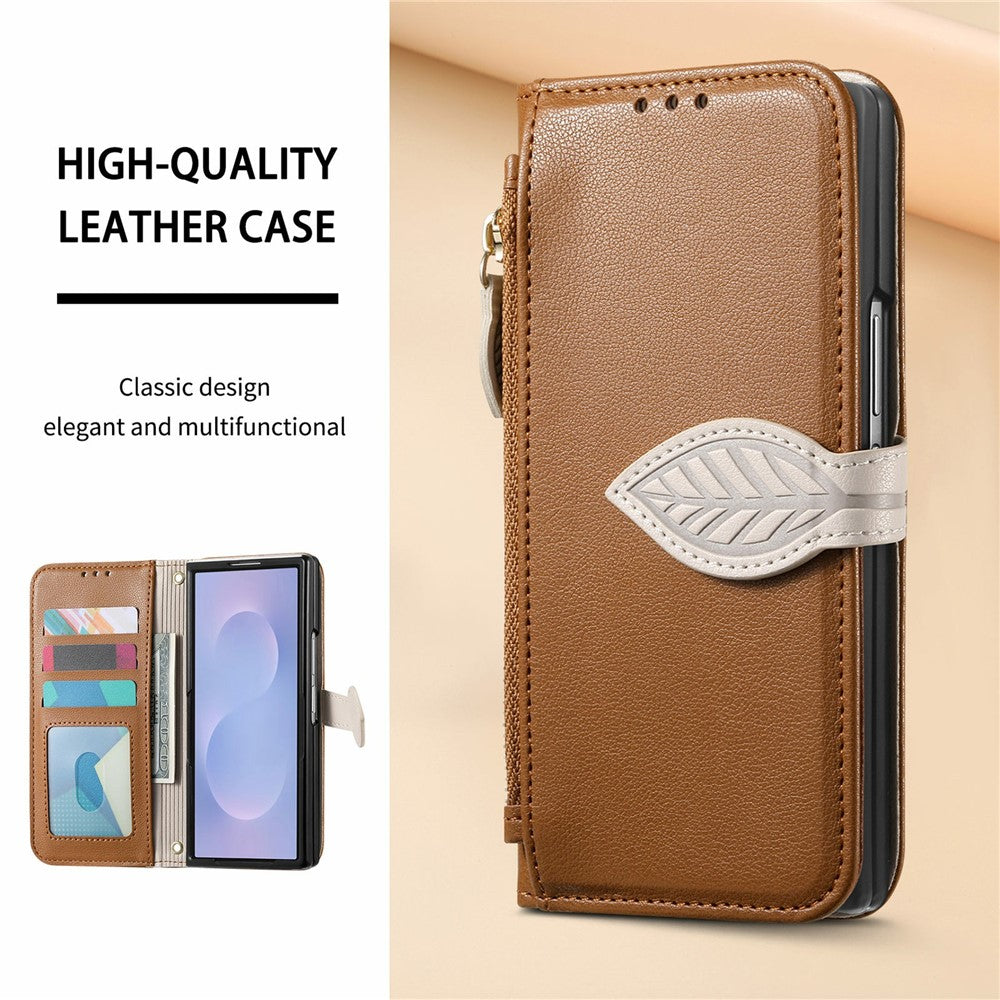 For Samsung Galaxy Z Fold8 Ultra Stand Case Leaf Shape Magnetic Clasp Leather Phone Cover with Hand Strap