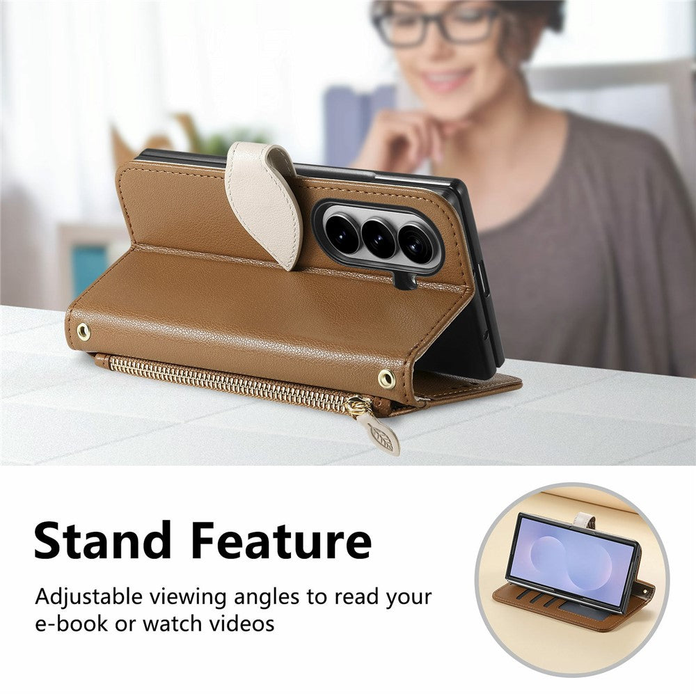 For Samsung Galaxy Z Fold8 Ultra Stand Case Leaf Shape Magnetic Clasp Leather Phone Cover with Hand Strap