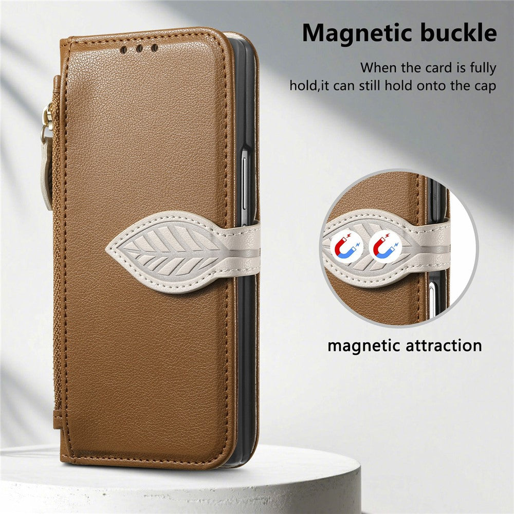 For Samsung Galaxy Z Fold8 Ultra Stand Case Leaf Shape Magnetic Clasp Leather Phone Cover with Hand Strap