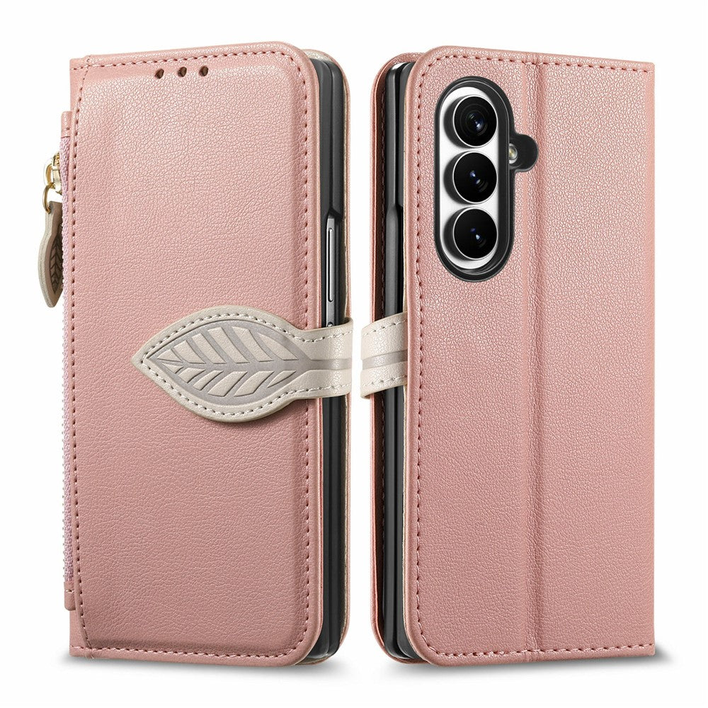 For Samsung Galaxy Z Fold8 Ultra Stand Case Leaf Shape Magnetic Clasp Leather Phone Cover with Hand Strap