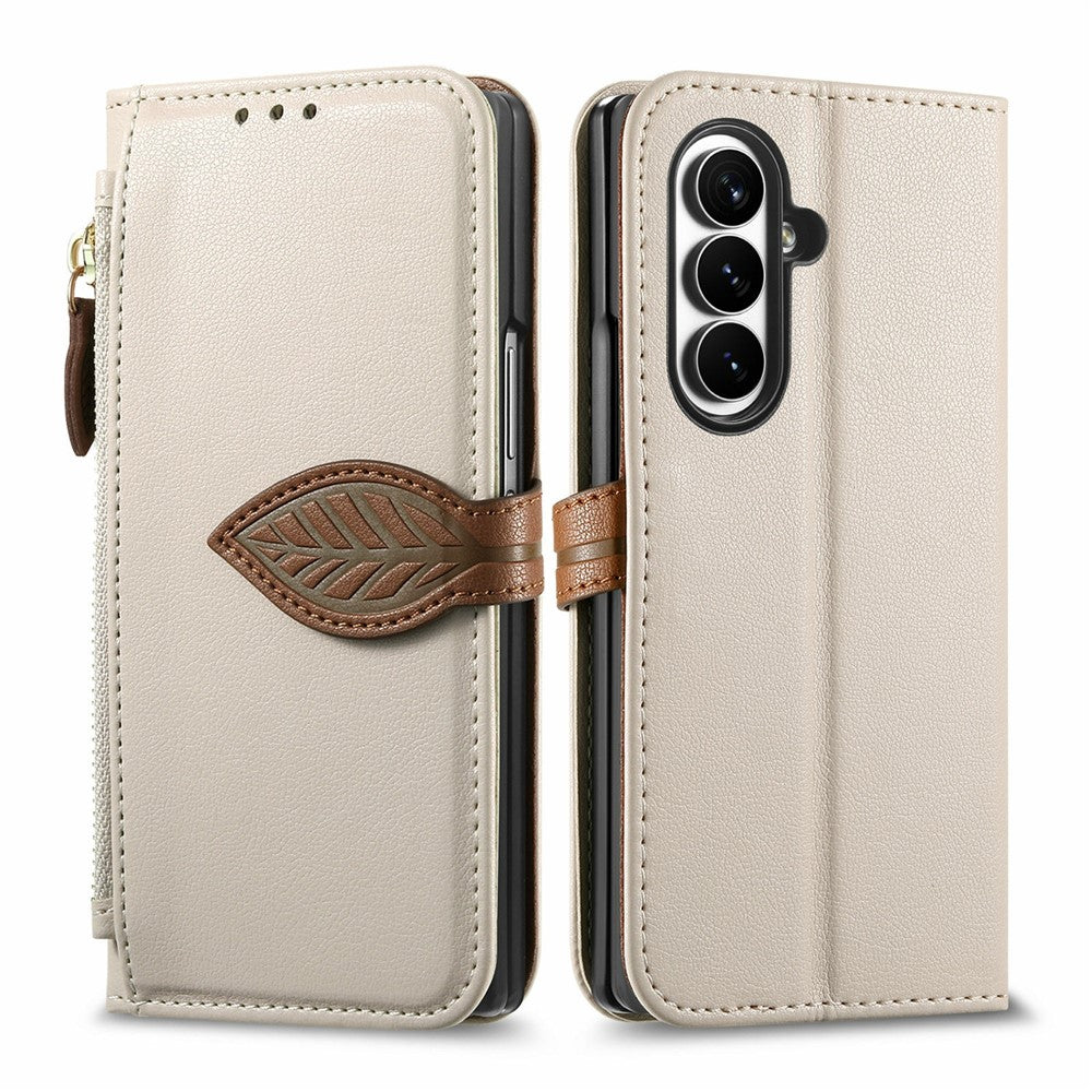 For Samsung Galaxy Z Fold8 Ultra Stand Case Leaf Shape Magnetic Clasp Leather Phone Cover with Hand Strap