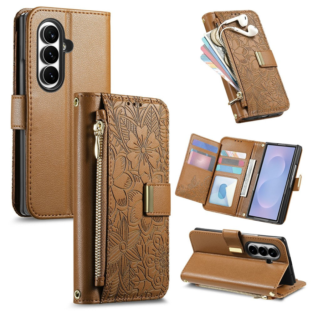 Til Samsung Galaxy Z Fold8 Ultra Cover Blomsterbladmønster Flere kortpladser Lynlås Læder Telefoncover med Håndrem