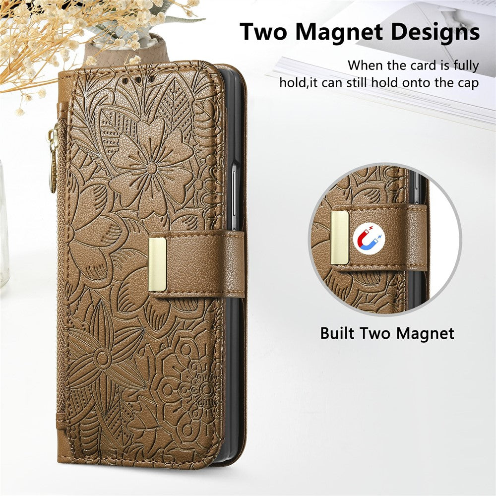 Til Samsung Galaxy Z Fold8 Ultra Cover Blomsterbladmønster Flere kortpladser Lynlås Læder Telefoncover med Håndrem