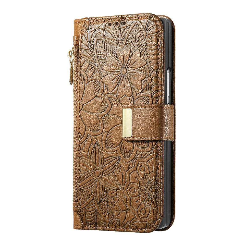 Til Samsung Galaxy Z Fold8 Ultra Cover Blomsterbladmønster Flere kortpladser Lynlås Læder Telefoncover med Håndrem
