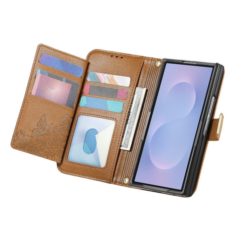 Til Samsung Galaxy Z Fold8 Ultra Cover Blomsterbladmønster Flere kortpladser Lynlås Læder Telefoncover med Håndrem
