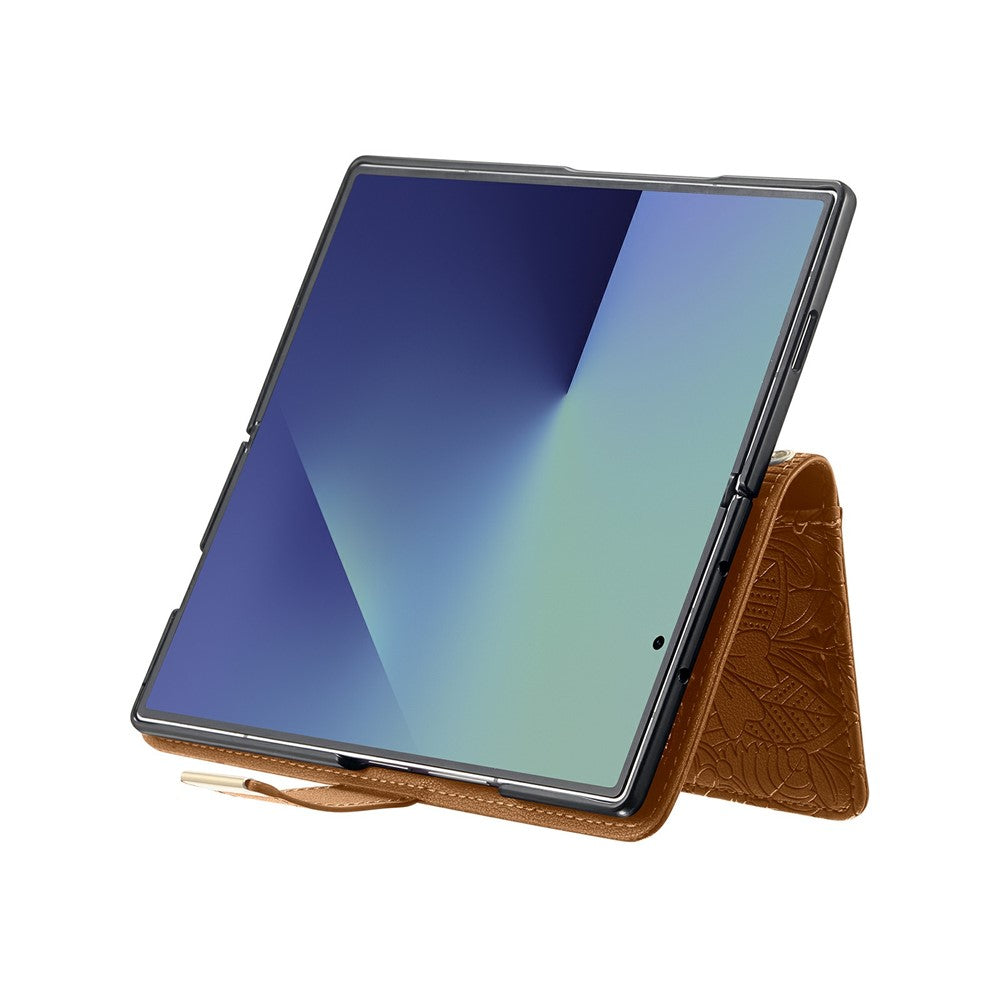 Til Samsung Galaxy Z Fold8 Ultra Cover Blomsterbladmønster Flere kortpladser Lynlås Læder Telefoncover med Håndrem
