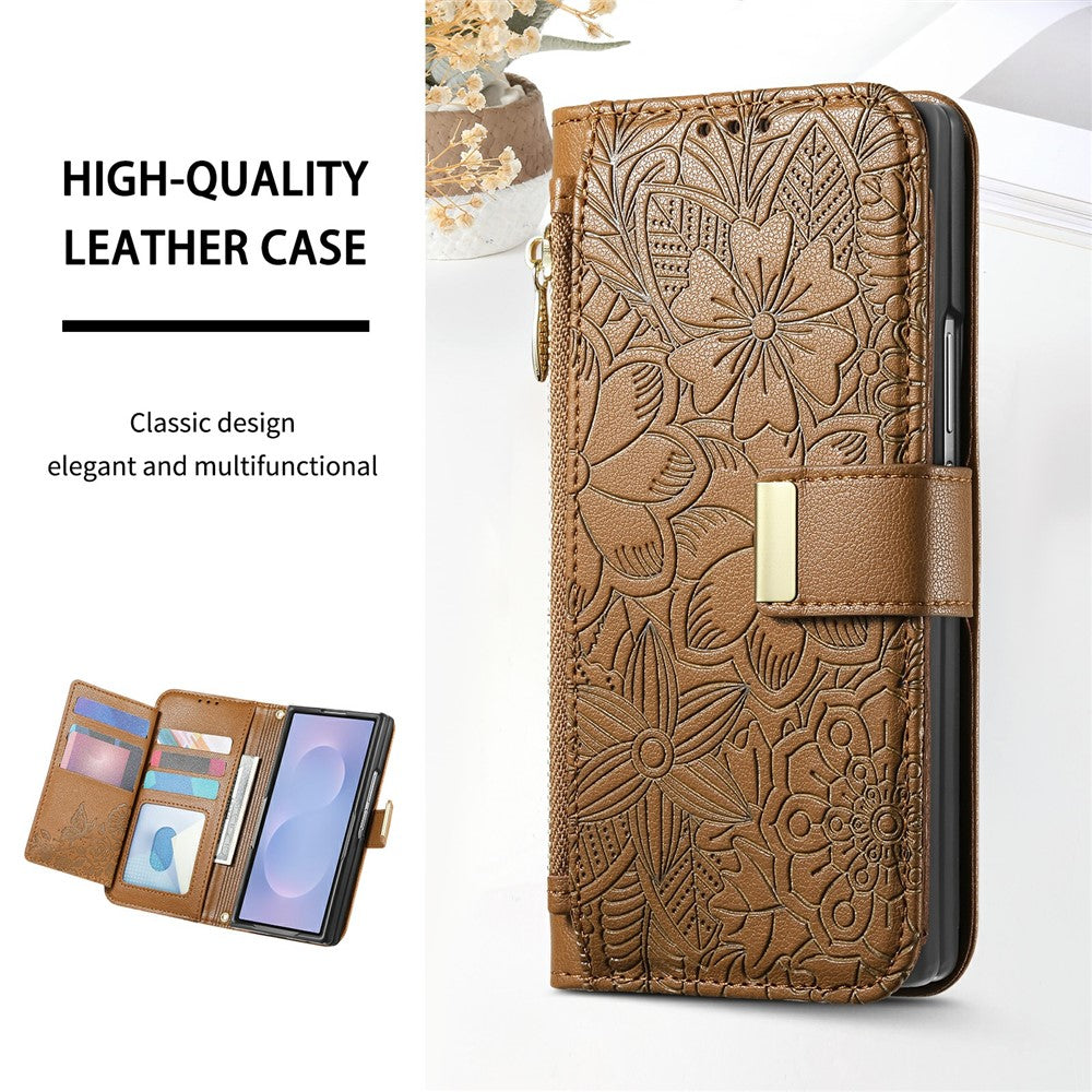 Til Samsung Galaxy Z Fold8 Ultra Cover Blomsterbladmønster Flere kortpladser Lynlås Læder Telefoncover med Håndrem