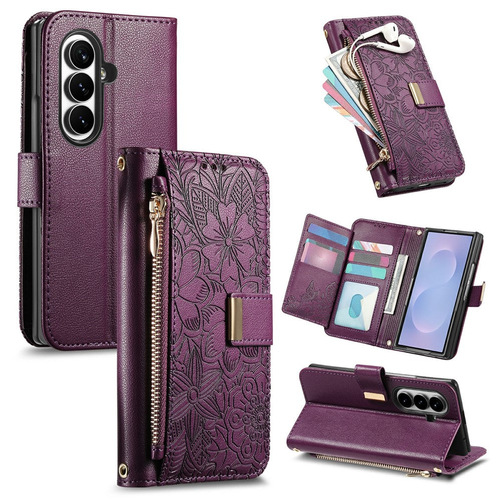 Til Samsung Galaxy Z Fold8 Ultra Cover Blomsterbladmønster Flere kortpladser Lynlås Læder Telefoncover med Håndrem