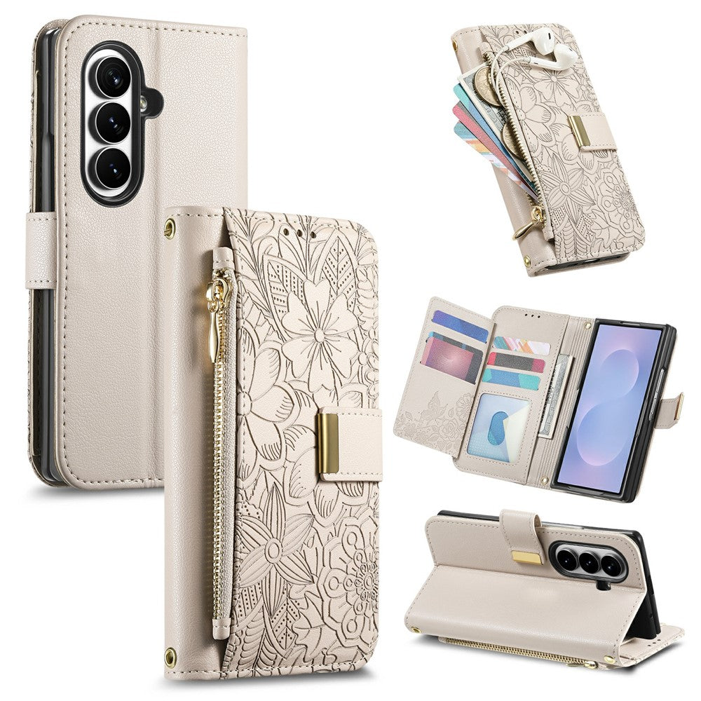 Til Samsung Galaxy Z Fold8 Ultra Cover Blomsterbladmønster Flere kortpladser Lynlås Læder Telefoncover med Håndrem