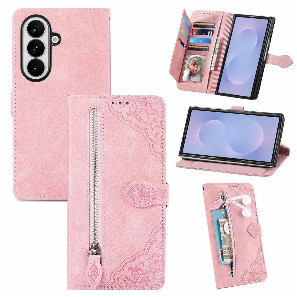 For Samsung Galaxy Z Fold8 Ultra Zipper Wallet Case with Strap Flower Imprint PU Leather Phone Cover