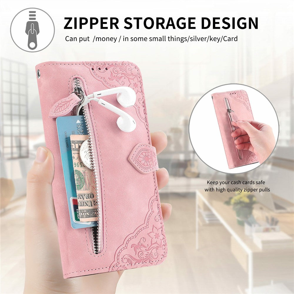 For Samsung Galaxy Z Fold8 Ultra Zipper Wallet Case with Strap Flower Imprint PU Leather Phone Cover