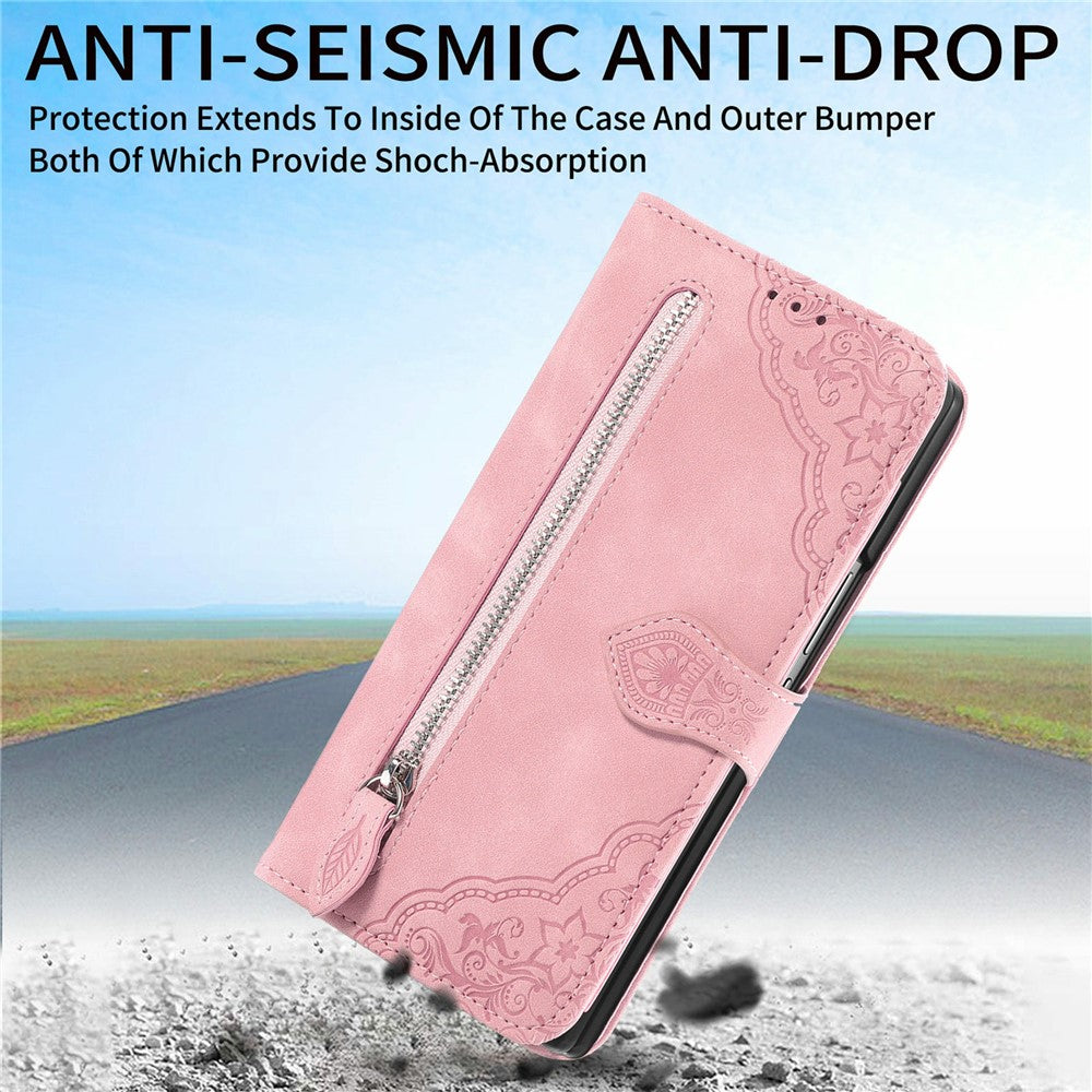 For Samsung Galaxy Z Fold8 Ultra Zipper Wallet Case with Strap Flower Imprint PU Leather Phone Cover