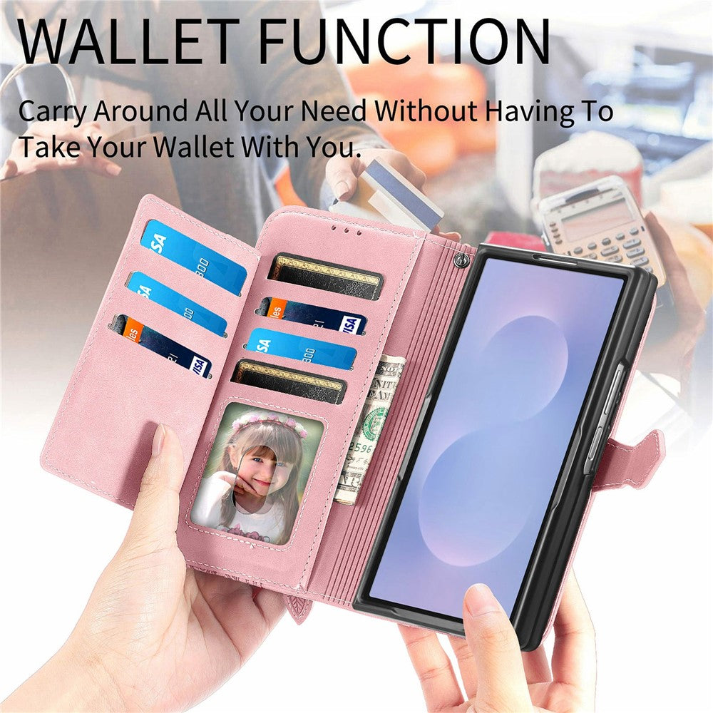 For Samsung Galaxy Z Fold8 Ultra Zipper Wallet Case with Strap Flower Imprint PU Leather Phone Cover