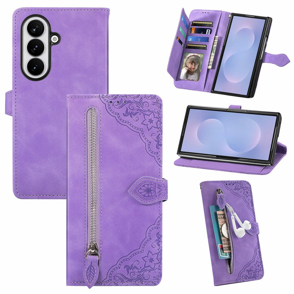 For Samsung Galaxy Z Fold8 Ultra Zipper Wallet Case with Strap Flower Imprint PU Leather Phone Cover