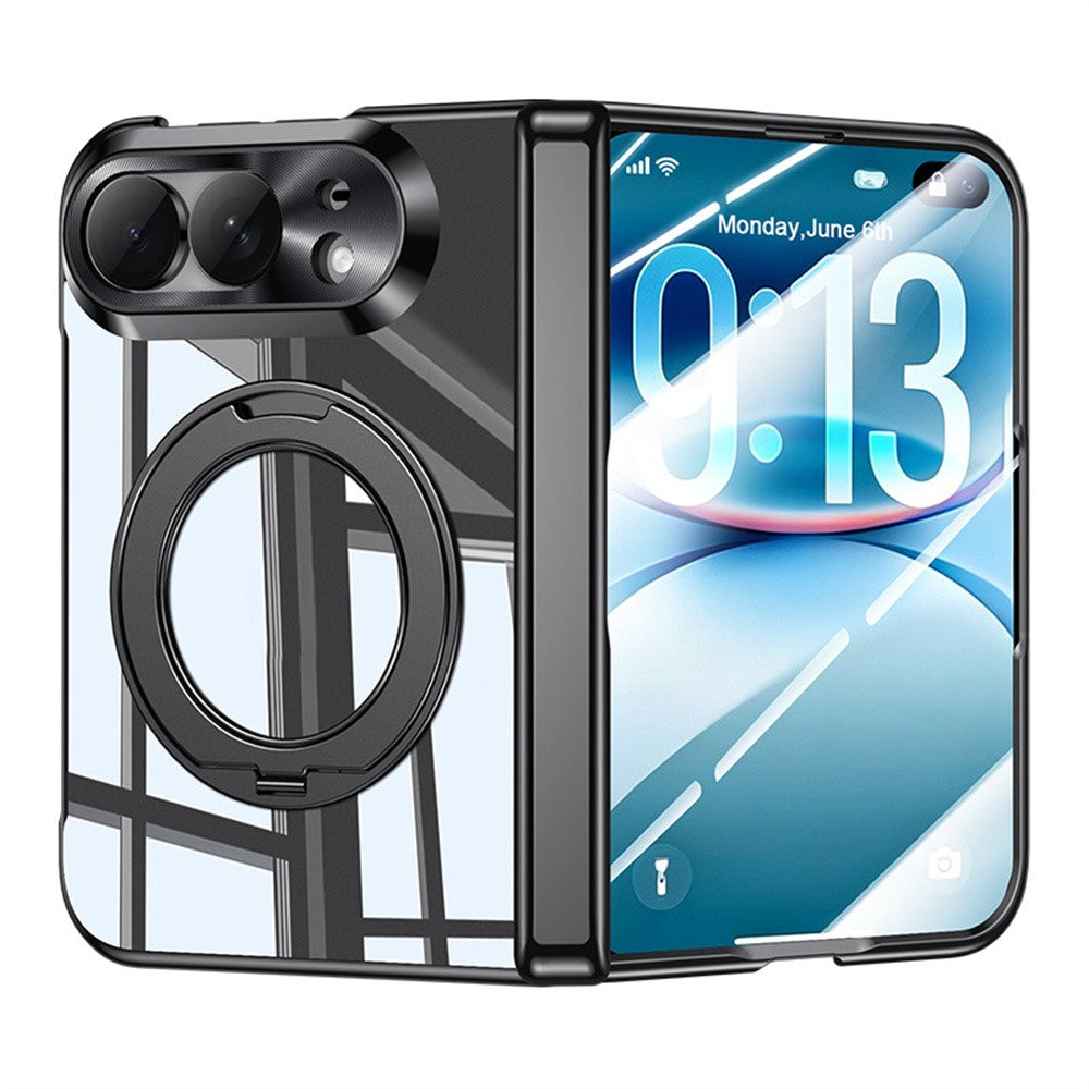 For iPhone Fold Case with HD Clear Screen Film, Magnetic Rotating Kickstand Electroplating PC Phone Cover