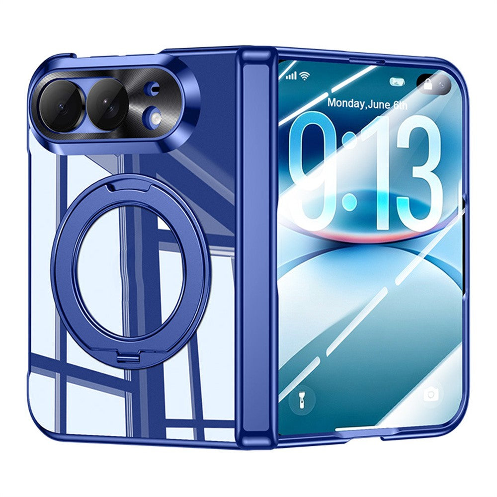 For iPhone Fold Case with HD Clear Screen Film, Magnetic Rotating Kickstand Electroplating PC Phone Cover