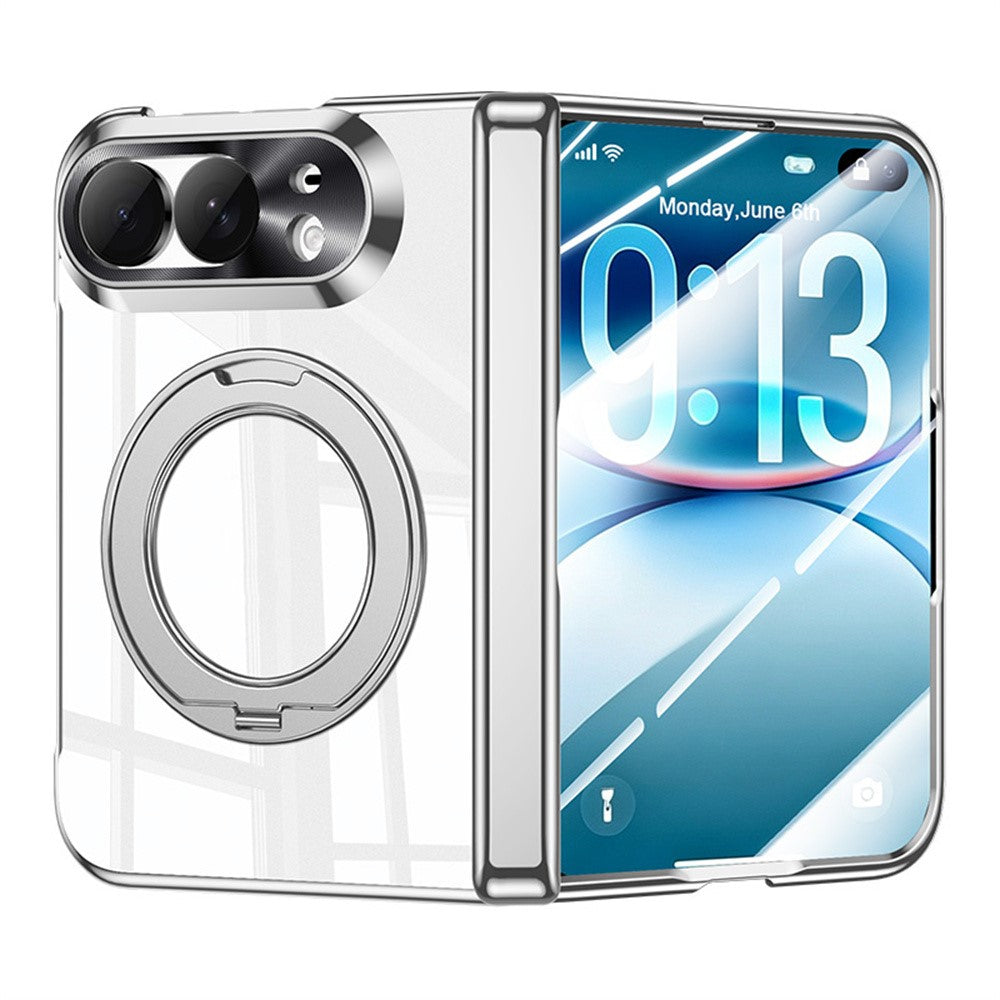 For iPhone Fold Case with HD Clear Screen Film, Magnetic Rotating Kickstand Electroplating PC Phone Cover
