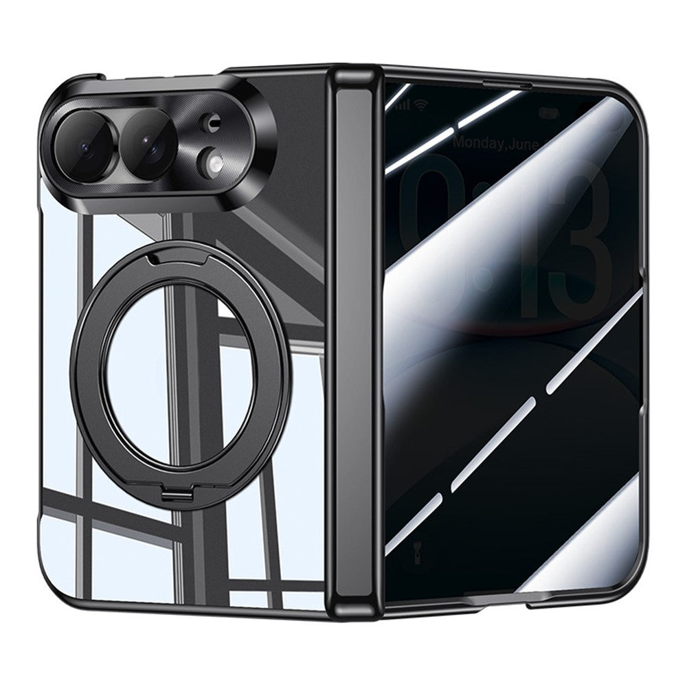 For iPhone Fold Case with Anti-Spy Screen Film , Magnetic Rotating Kickstand Electroplating PC Phone Cover