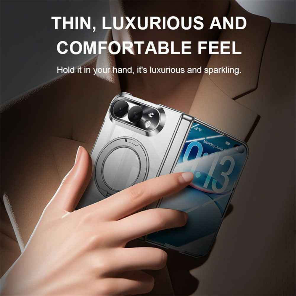 For iPhone Fold Case with Anti-Spy Screen Film , Magnetic Rotating Kickstand Electroplating PC Phone Cover