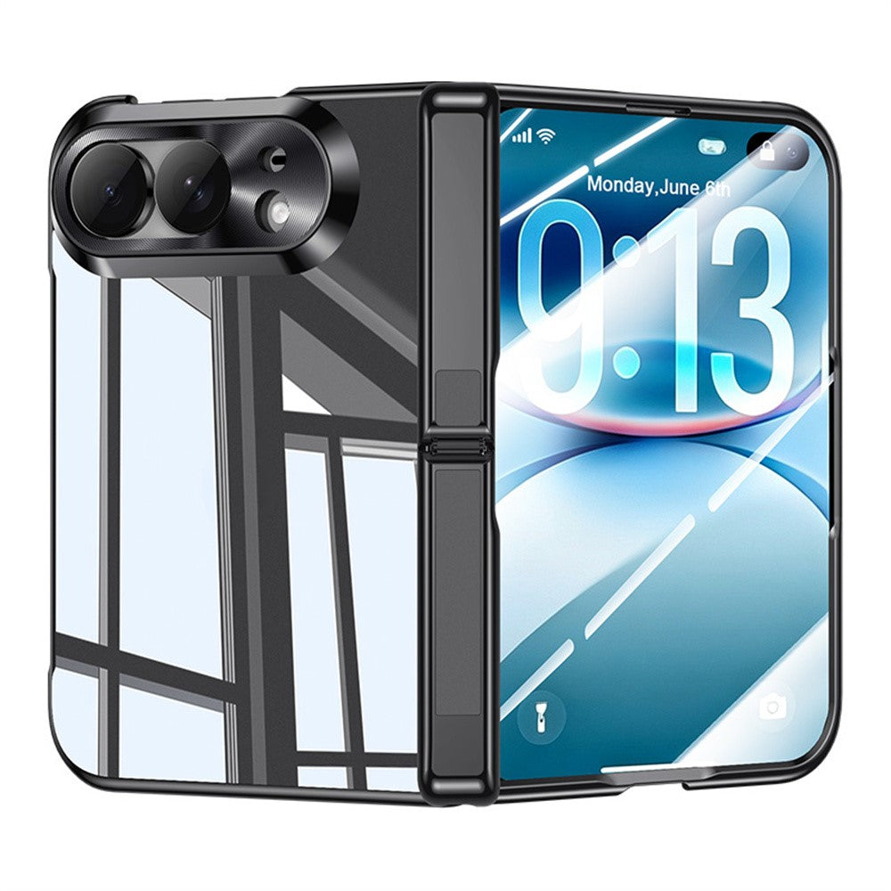 For iPhone Fold Case with HD Clear Tempered Glass Film , Hinge Kickstand Electroplating PC Phone Cover