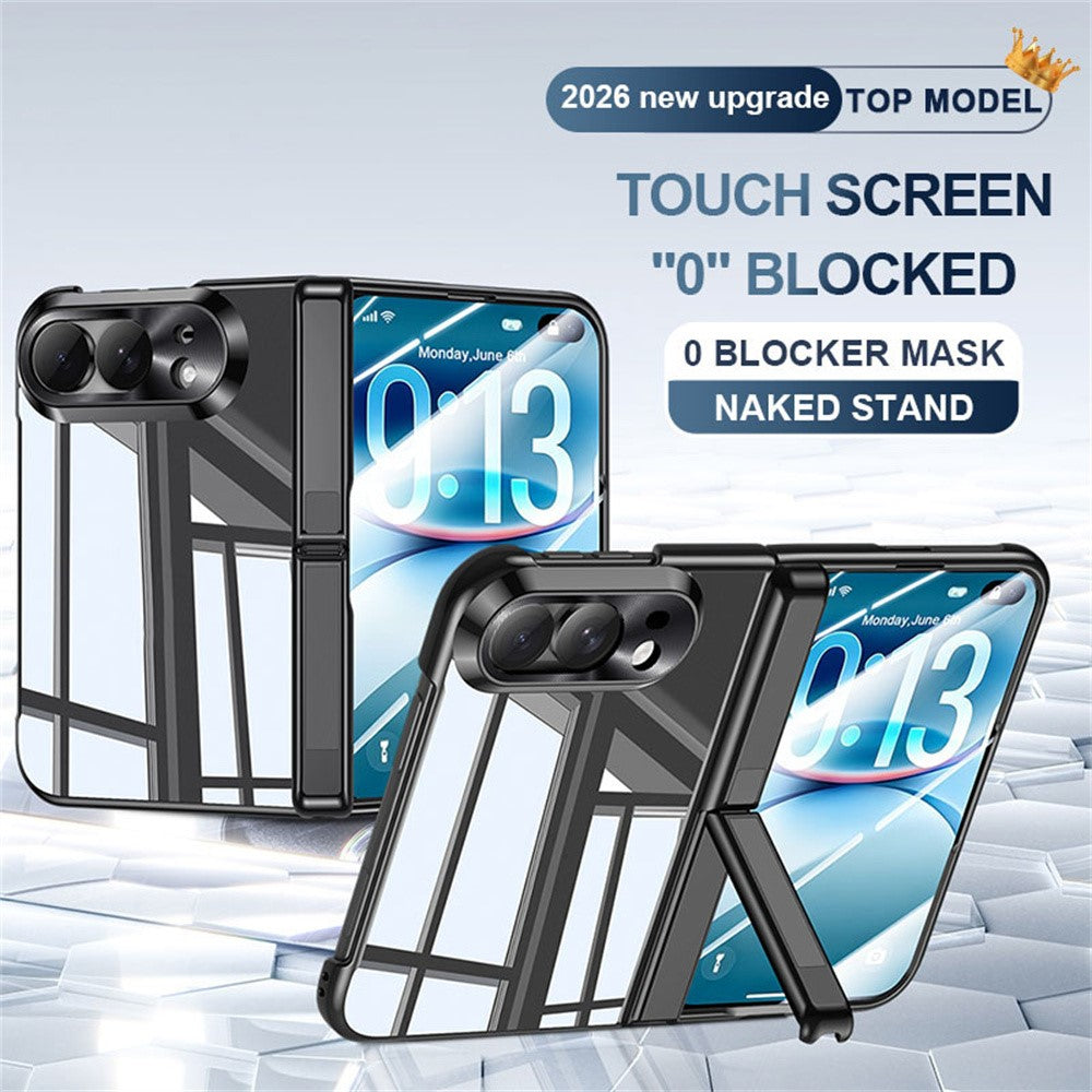 For iPhone Fold Case with HD Clear Tempered Glass Film , Hinge Kickstand Electroplating PC Phone Cover