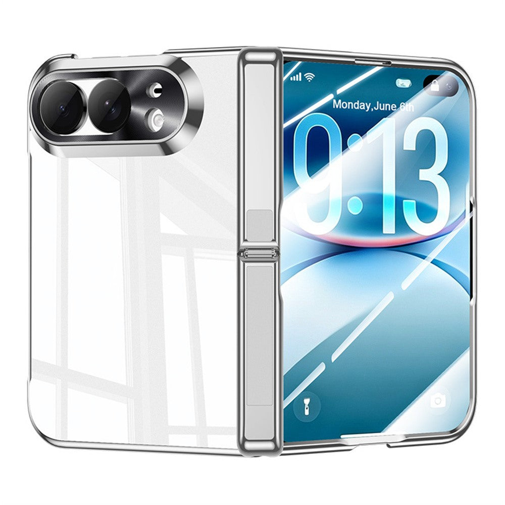 For iPhone Fold Case with HD Clear Tempered Glass Film , Hinge Kickstand Electroplating PC Phone Cover