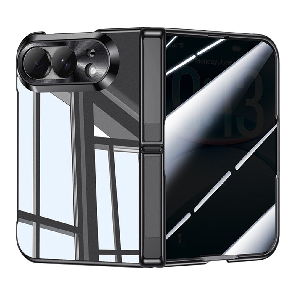 For iPhone Fold Case with Anti-Spy Tempered Glass Film , Hinge Kickstand Electroplating PC Phone Cover