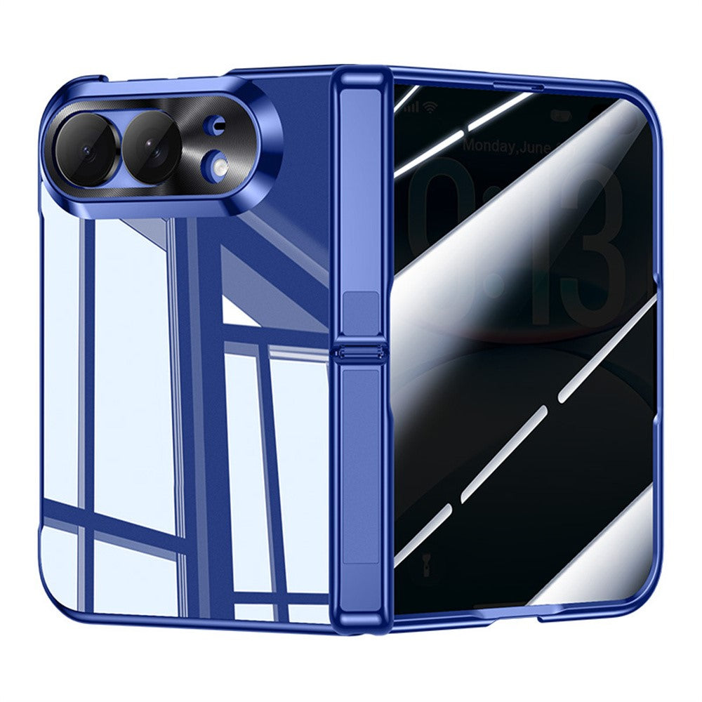 For iPhone Fold Case with Anti-Spy Tempered Glass Film , Hinge Kickstand Electroplating PC Phone Cover