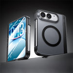 For iPhone Duo Magnetic Case with HD Clear Tempered Glass Film Hinge Kickstand Frosted PC Anti Drop Phone Cover