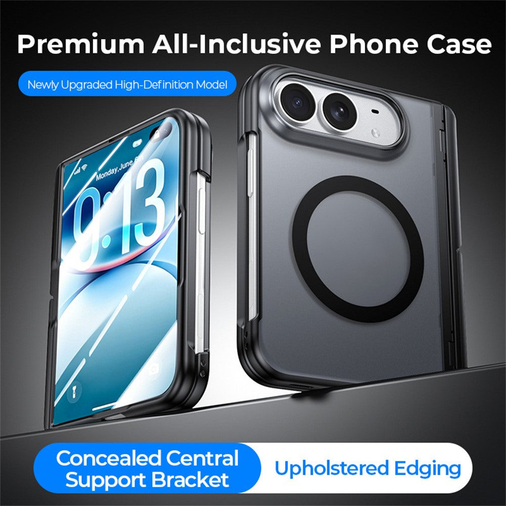 For iPhone Duo Magnetic Case with HD Clear Tempered Glass Film Hinge Kickstand Frosted PC Anti Drop Phone Cover