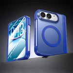For iPhone Duo Magnetic Case with HD Clear Tempered Glass Film Hinge Kickstand Frosted PC Anti Drop Phone Cover