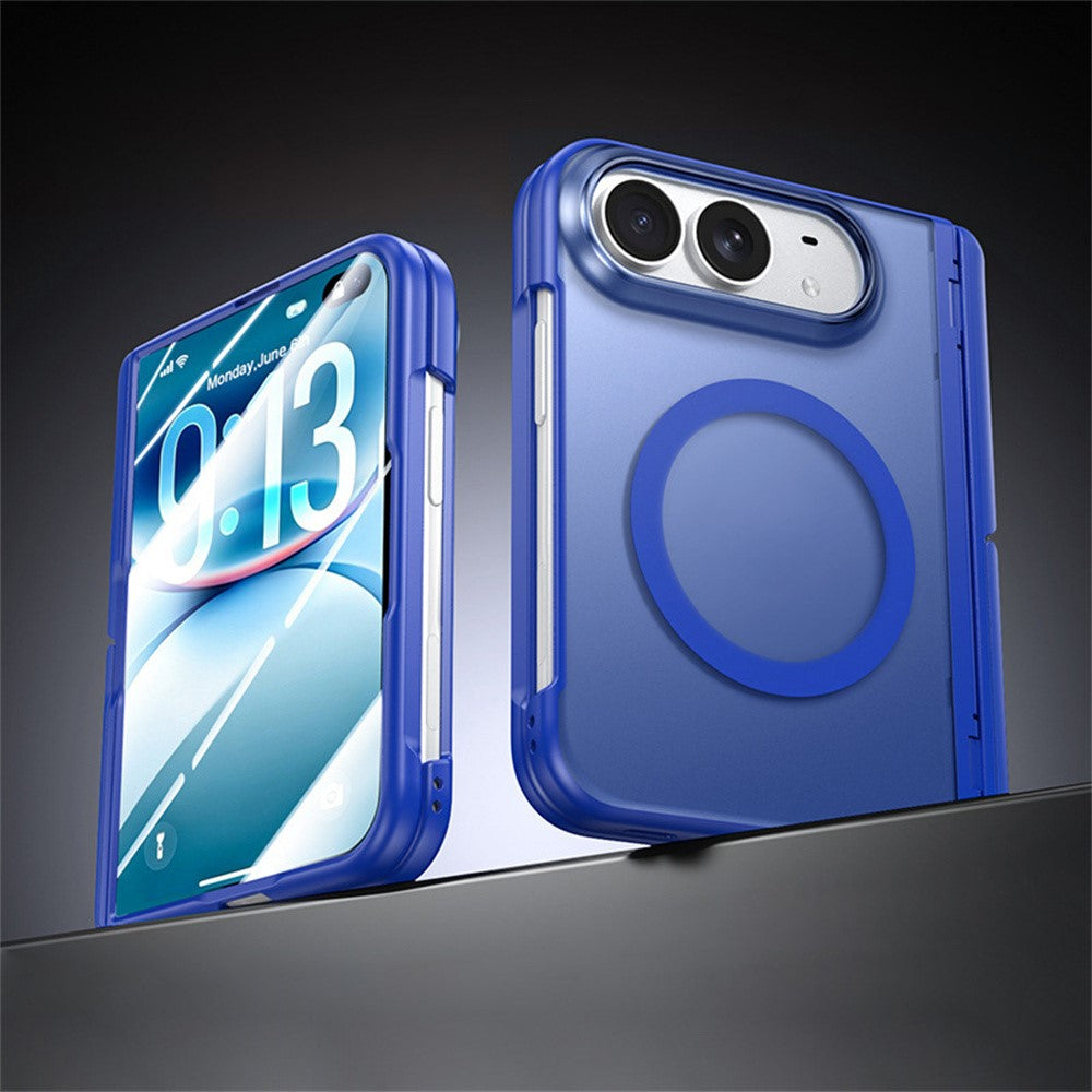 For iPhone Duo Magnetic Case with HD Clear Tempered Glass Film Hinge Kickstand Frosted PC Anti Drop Phone Cover