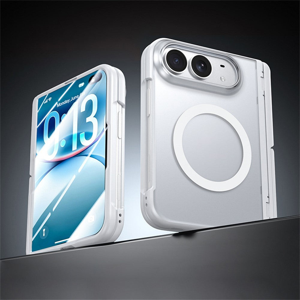 For iPhone Duo Magnetic Case with HD Clear Tempered Glass Film Hinge Kickstand Frosted PC Anti Drop Phone Cover