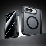 For iPhone Duo Magnetic Case with Anti-Spy Tempered Glass Film Hinge Kickstand Frosted PC Phone Cover