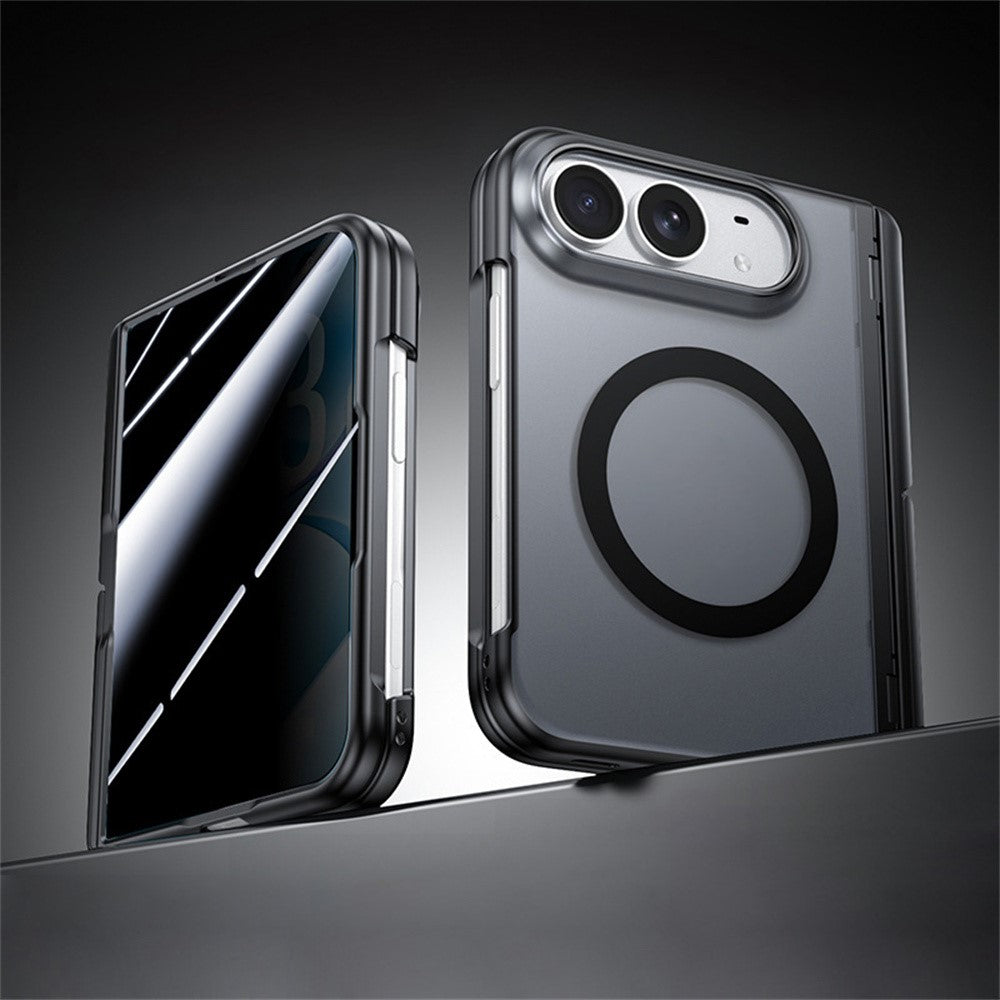 For iPhone Duo Magnetic Case with Anti-Spy Tempered Glass Film Hinge Kickstand Frosted PC Phone Cover