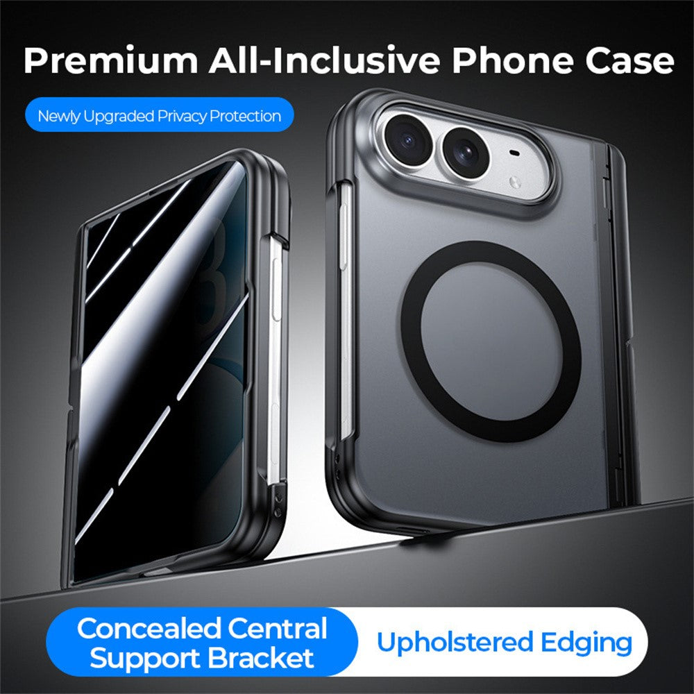 For iPhone Duo Magnetic Case with Anti-Spy Tempered Glass Film Hinge Kickstand Frosted PC Phone Cover