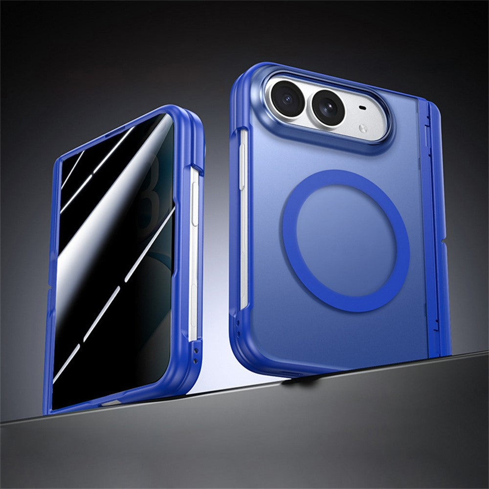 For iPhone Duo Magnetic Case with Anti-Spy Tempered Glass Film Hinge Kickstand Frosted PC Phone Cover