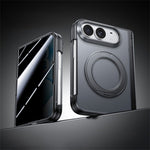 For iPhone Fold Case with Anti-Spy Tempered Glass Film Magnetic Rotatable Kickstand PC Phone Cover