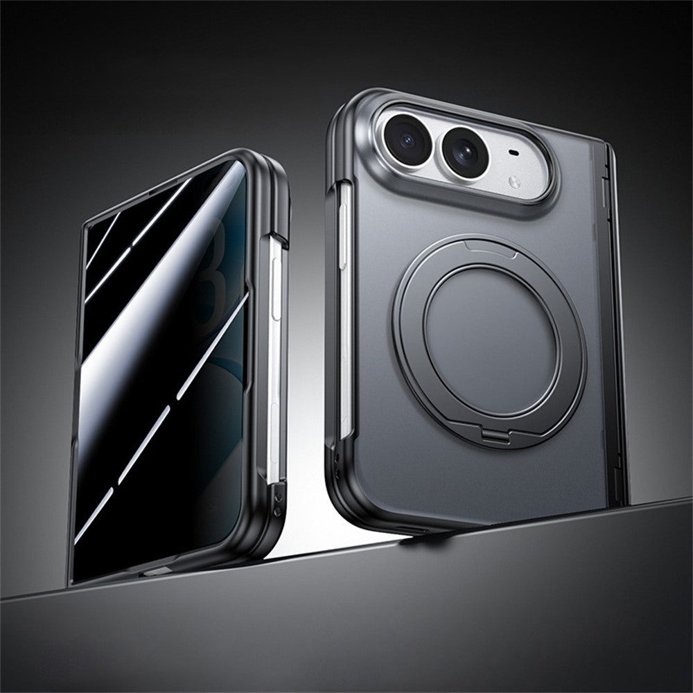 For iPhone Fold Case with Anti-Spy Tempered Glass Film Magnetic Rotatable Kickstand PC Phone Cover