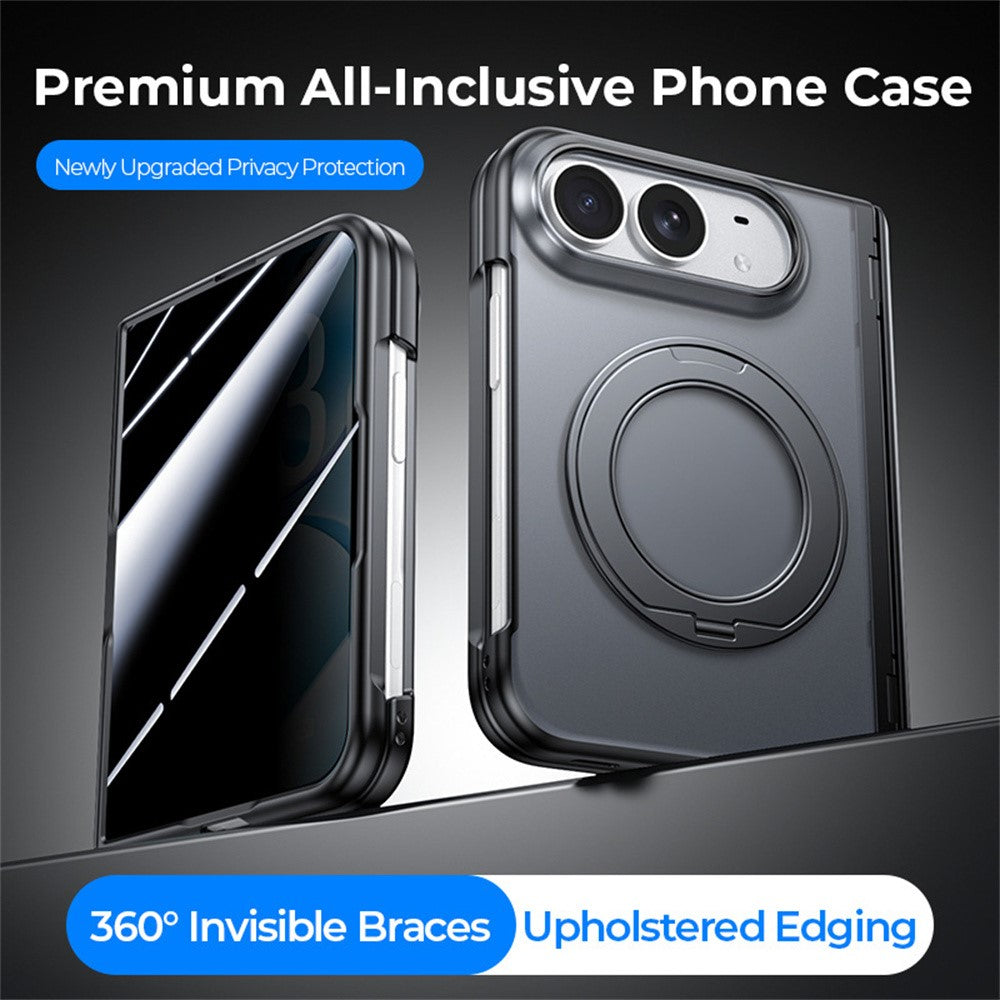 For iPhone Fold Case with Anti-Spy Tempered Glass Film Magnetic Rotatable Kickstand PC Phone Cover